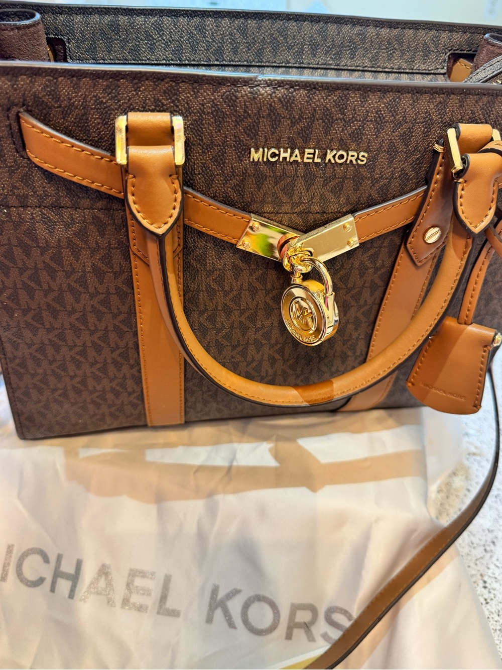 Michael Kors Brown Logo Tote with Tan Trim and Gold Hardware